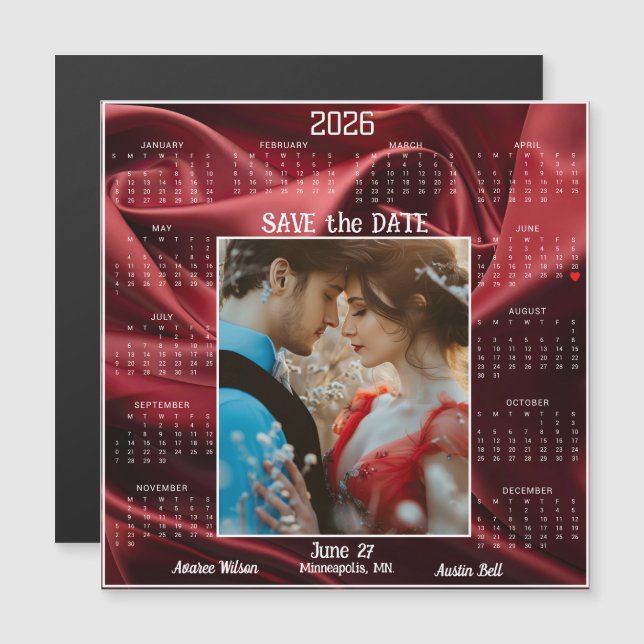 Ruby Red Luxury Satin Save the Date Engaged Couple (Fram/baksida)
