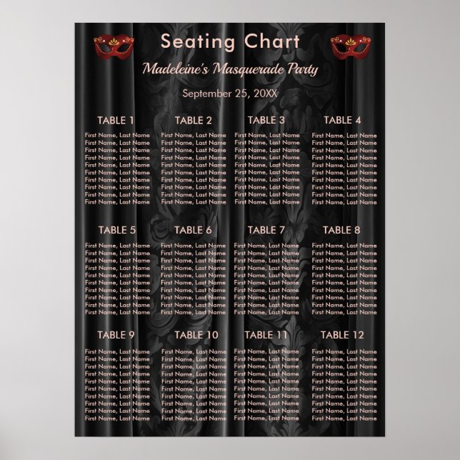 Ruby Red Masquerade Svart Damask 12 Bordsplacering Poster (Framsidan)