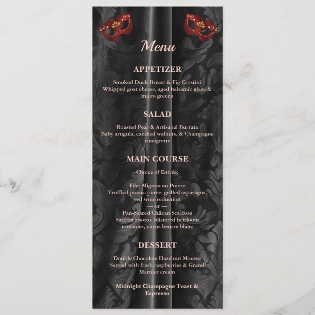 Ruby Red Masquerade Svart Damask Guld Bal Meny (Framsida)