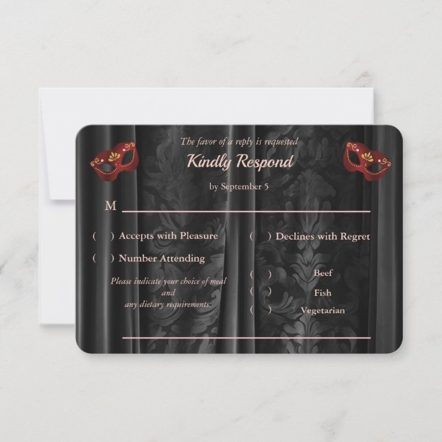 Ruby Red Masquerade Svart Damask Guld RSVP OSA Kort (Framsida)
