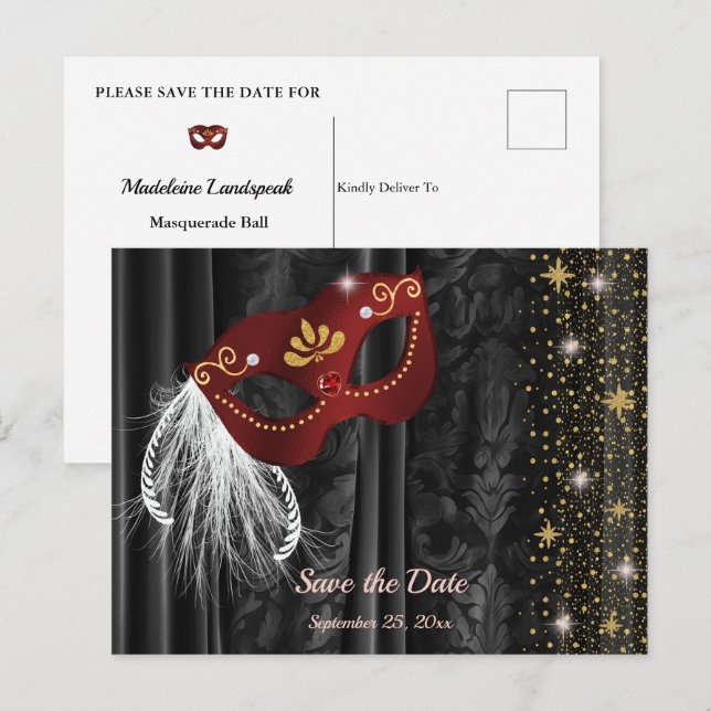 Ruby Red Masquerade Svart Damask Spara Datum Vykort (Fram/baksida)