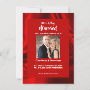 Ruby Red Modern Satin Glam Photo Bröllop Spara Datumet