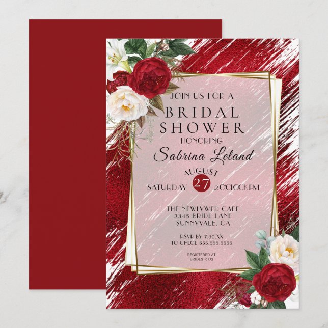 Ruby Red Peonies och Crimson Paint Stroke Inbjudningar (Fram/baksida)