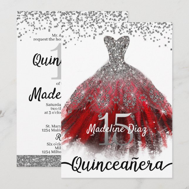 Ruby Red Quinceañera Dress Birthday bjudande Inbjudningar (Fram/baksida)