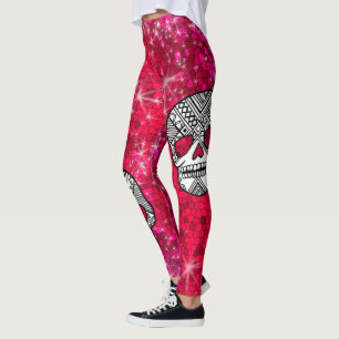 Ruby Red Rhinestone Glitter Sequin Sugar Döskallar Leggings