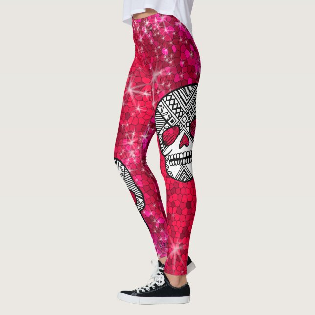 Ruby Red Rhinestone Glitter Sequin Sugar Döskallar Leggings (Vänster)