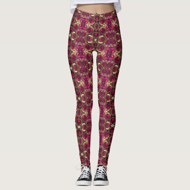 Ruby Red Rosa Guld Gemstone Mönster Elegant Chic  Leggings (Framsida)