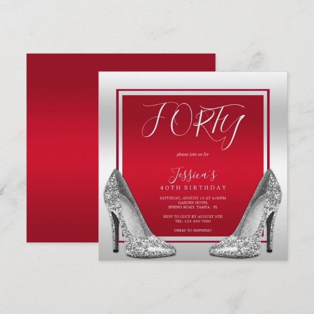 Ruby Red & Silver Stilettos 40:e födelsedagen Inbjudningar (Fram/baksida)