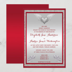 Ruby Red, Sparkly Ringar och Feather Heart Bröllop Inbjudningar