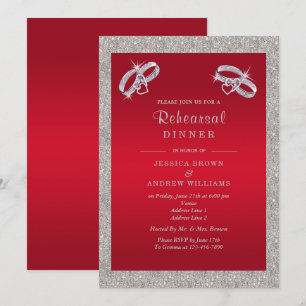 Ruby Red, Sparkly Silver Ringar Rehearsal Dinner Inbjudningar