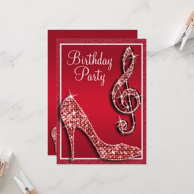 Ruby Red Stiletto & Treble Clef Birthday Inbjudningar (Fram/Back In Situ)
