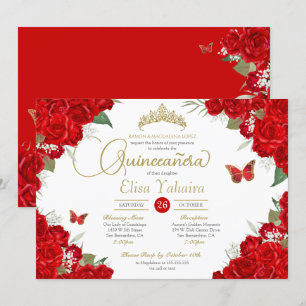 Ruby Röd ros Blommigt Tiara Butterfly Quinceanera Inbjudningar