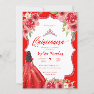 Ruby Röd ros Blommigt Watercolor Quinceañera Inbjudningar