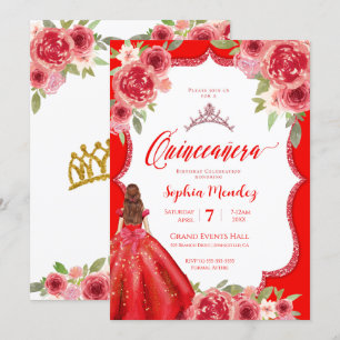 Ruby Röd ros Blommigt Watercolor Quinceanera Inbjudningar