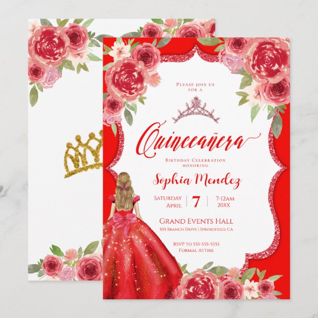 Ruby Röd ros Blommigt Watercolor Quinceañera Inbjudningar (Fram/baksida)