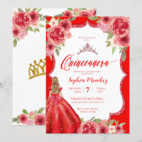 Ruby Röd ros Blommigt Watercolor Quinceañera