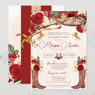 Ruby Röd ros Elegant Western Charro Quinceañera Inbjudningar