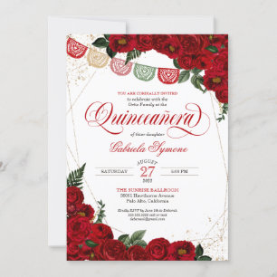 Ruby Röd ros & Guld Papel Picado Quinceañera Inbjudningar