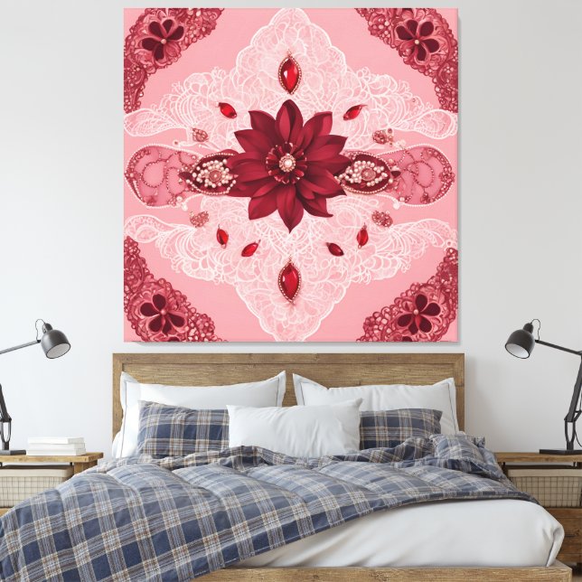 Ruby Röd & Vit Spets Blommig Mandala  Canvastryck (Insitu (sovrum))