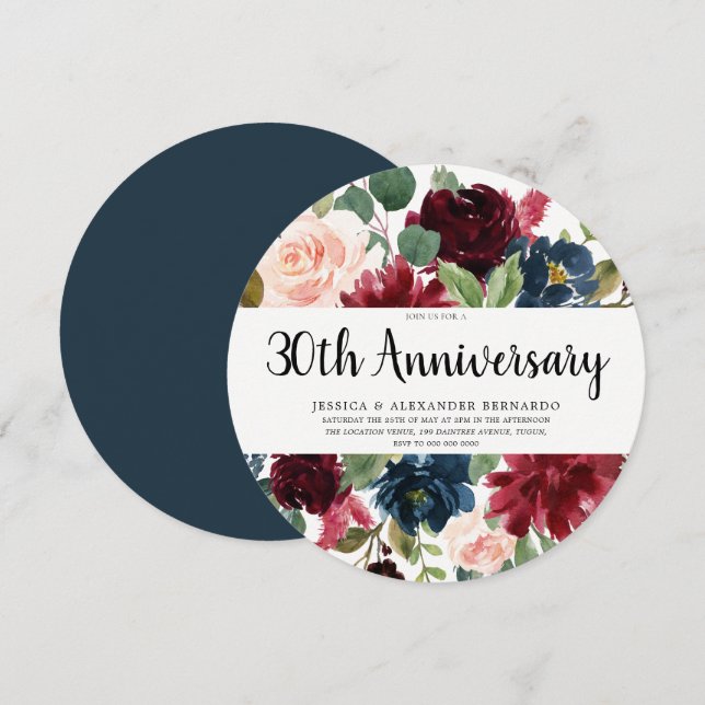 Ruby röda vinblommor 30-års bröllopsjubileum inbjudningar (Fram/baksida)