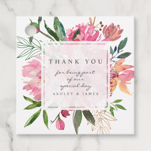 Ruby Rosa Peony Blommigt Botanical Bröllop Tack Gåvor Etiketter (Framsida)