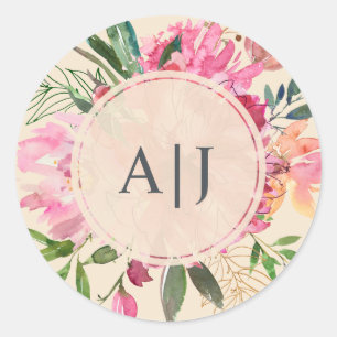 Ruby Rosa Peony Blommigt Botanical Monogram Bröllo Runt Klistermärke
