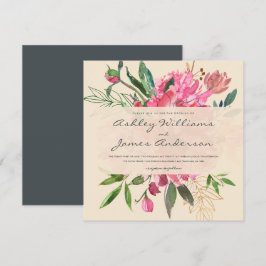 Ruby Rosa Peony Blommigt Bouquet Ivory Bröllop Inbjudningar