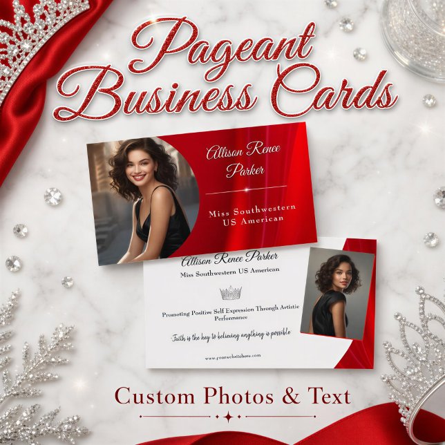 Ruby Shine Skönhetstävling Namnskort Visitkort (Create a regal red photo business card to promote your pageant platform or title, custom photo, text)