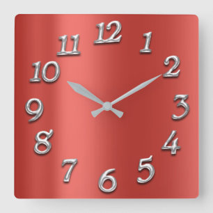 Ruby Silke Red Metallic Arabiska Numbers Silver Gr Fyrkantig Klocka