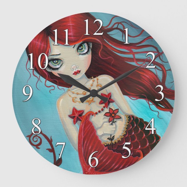 Ruby Sjöjungfru Fantasy Art Wall Clock Stor Klocka (Framsida)