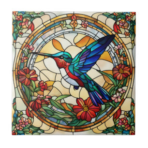 Ruby Throated Hummingbird Faux Stached Glass Kakelplatta