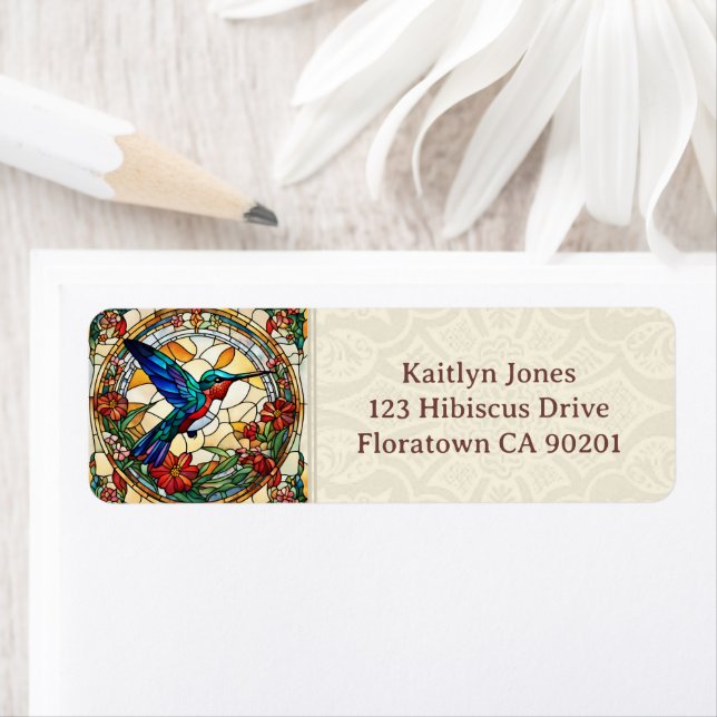 Ruby Throated Hummingbird Faux Stained Glass Returadress Etikett (Insitu)