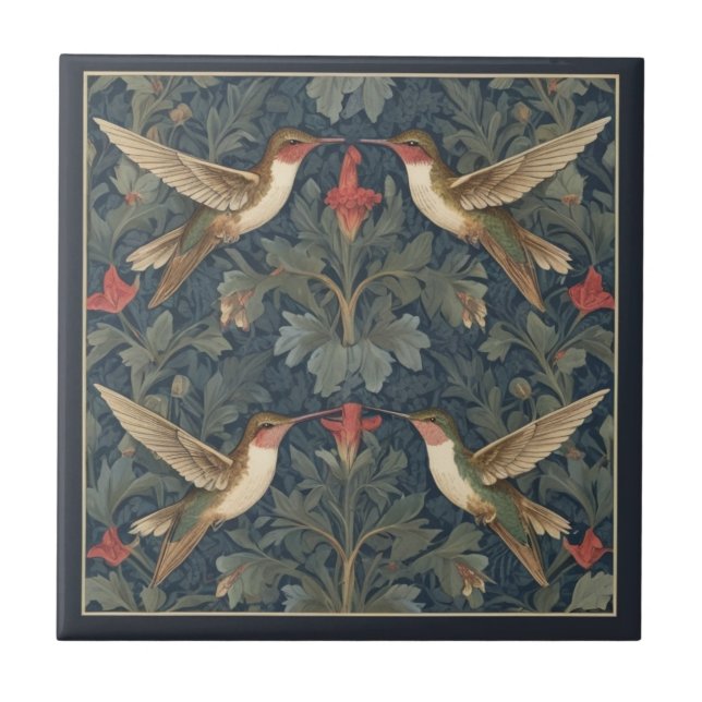 Ruby-throated hummingbird William Morris stil Kakelplatta (Framsidan)