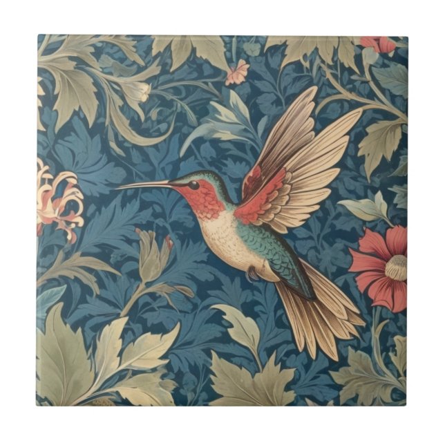 Ruby-throated hummingbird William Morris stil Kakelplatta (Framsidan)