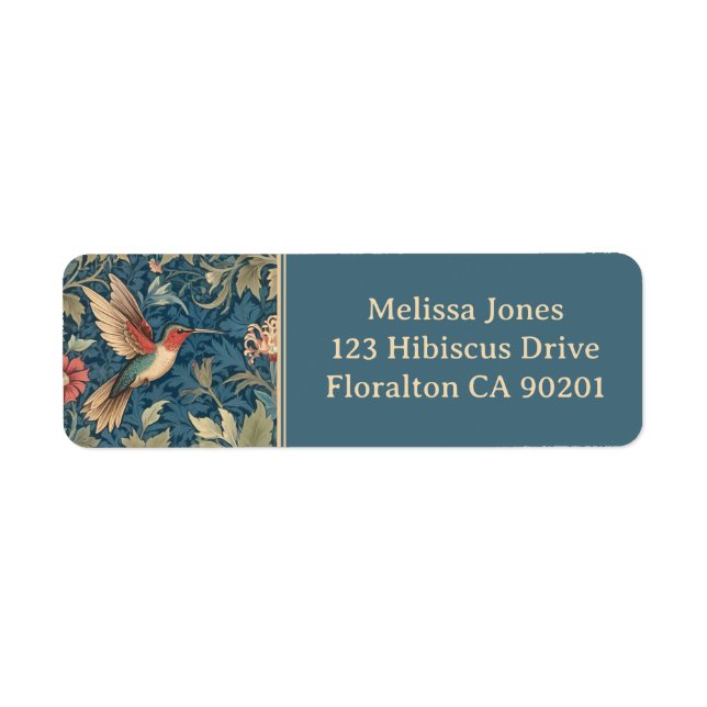 Ruby-throated hummingbird William Morris style Returadress Etikett (Framsidan)