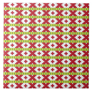 Rucava Red and grönt folk art geometric design V Kakelplatta