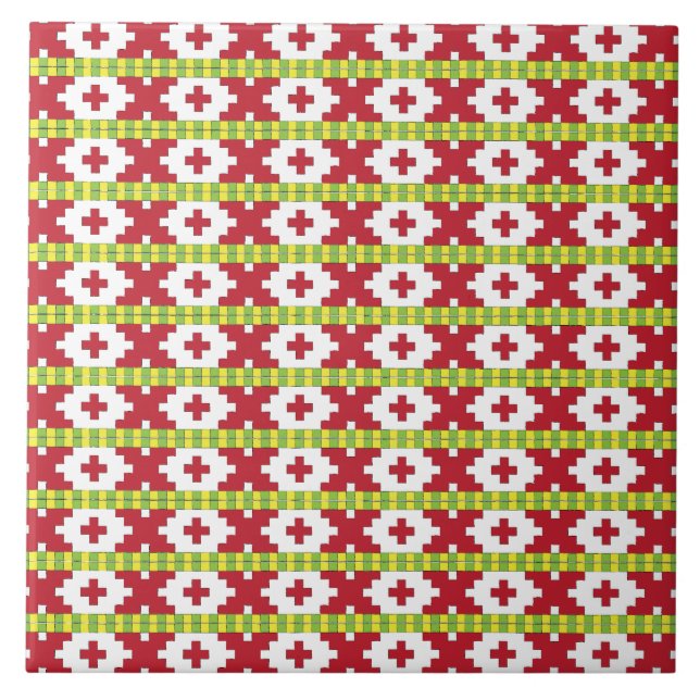 Rucava Red and grönt folk art geometric design V Kakelplatta (Framsidan)
