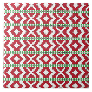 Rucava Red and grönt folk art geometric mönster II Kakelplatta