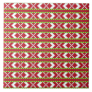 Rucava Red and white folk art geometric design IV Kakelplatta