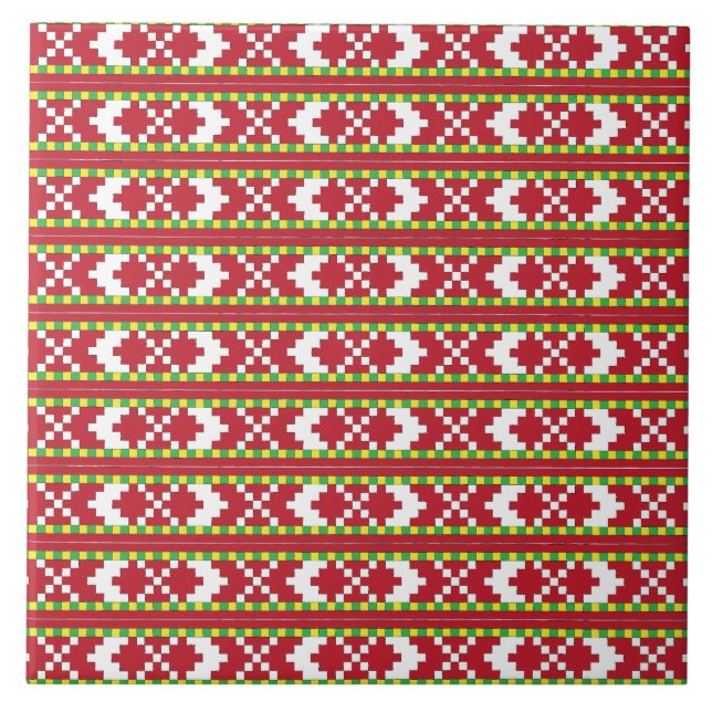 Rucava Red and white folk art geometric design IV Kakelplatta (Framsidan)