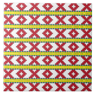Rucava Red, gult folkart geometric mönster III Kakelplatta