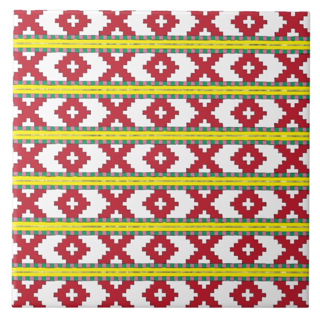 Rucava Red, gult folkart geometric mönster III Kakelplatta (Framsidan)