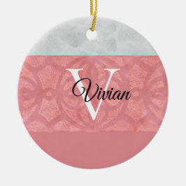 Ruddy Rosa Batik and Grått Watercolor Monogrammad Julgransprydnad Keramik