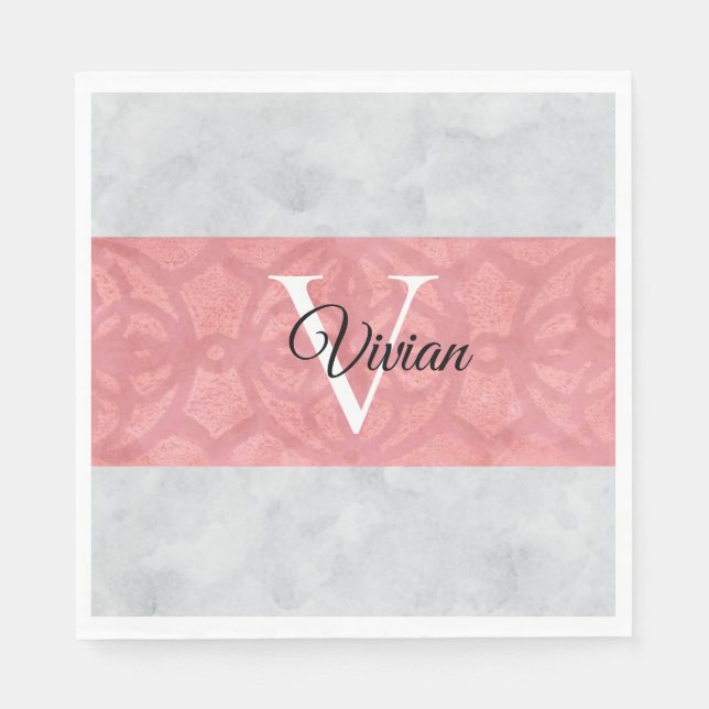Ruddy Rosa Batik and Grått Watercolor Monogrammad Pappersservett (Framsidan)