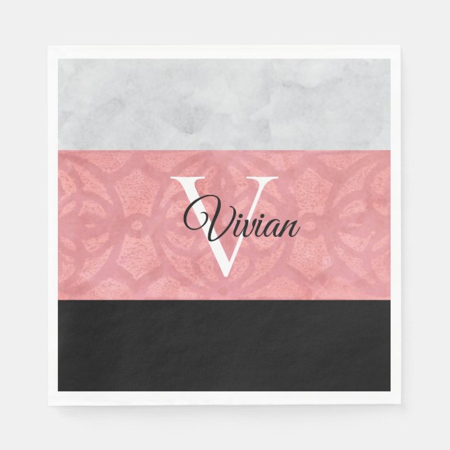 Ruddy Rosa Batik and Grått Watercolor Monogrammad Pappersservett (Framsidan)