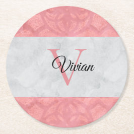 Ruddy Rosa Batik and Grått Watercolor Monogrammad Underlägg Papper Rund