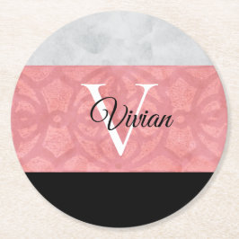 Ruddy Rosa Batik and Grått Watercolor Monogrammad Underlägg Papper Rund