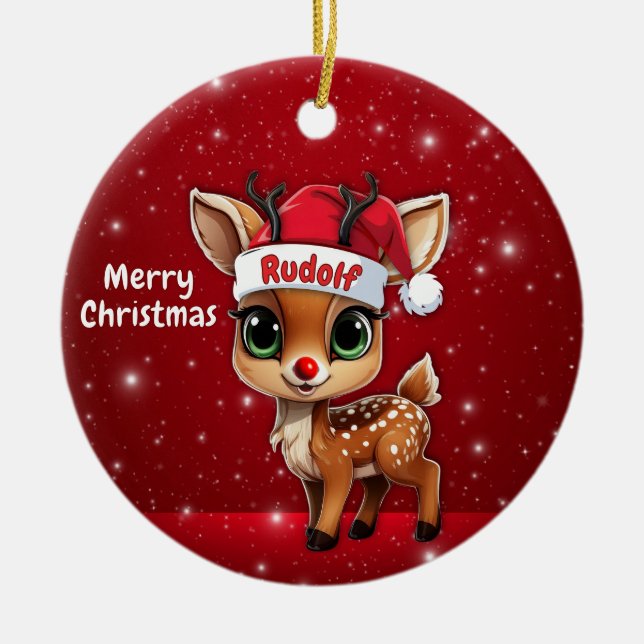 Rudolf Baby Deer, Fawn, Doe, Reindeer🦌 🎄 Julgransprydnad Keramik (Framsidan)