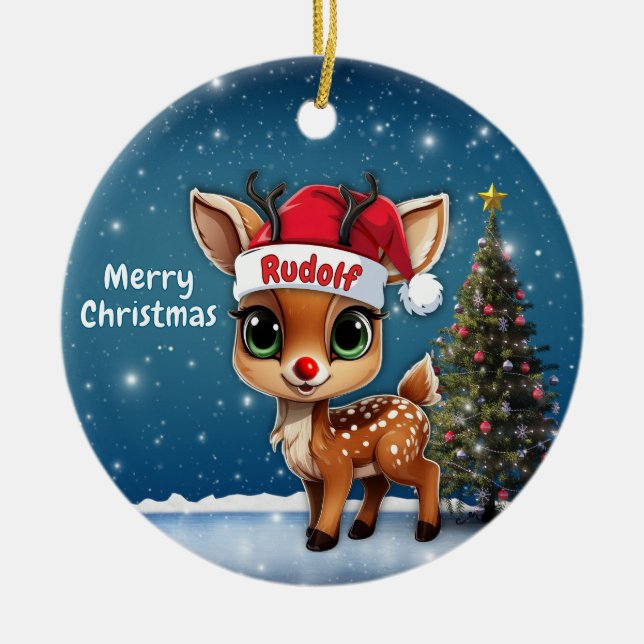 Rudolf Baby Deer, Fawn, Doe, Reindeer🦌 🎄 Julgransprydnad Keramik (Framsidan)