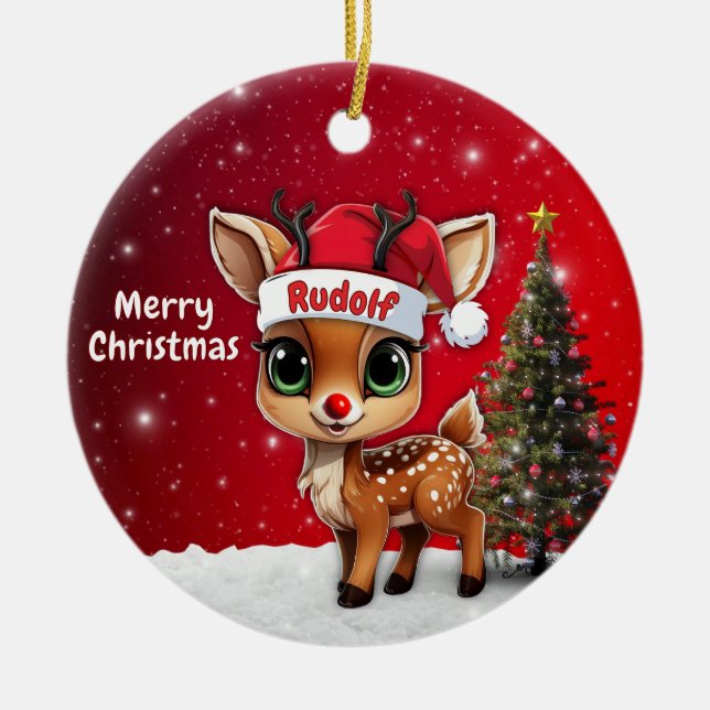 Rudolf Baby Deer, Fawn, Doe, Reindeer🦌 🎄 Julgransprydnad Keramik (Framsidan)